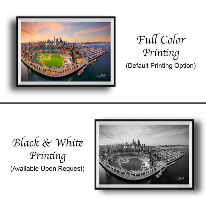 The image is a collage of two framed pictures. The top picture is a full color print of a baseball stadium, while the bottom picture is a black and white print of the same baseball stadium. Both pictures are framed and available upon request.