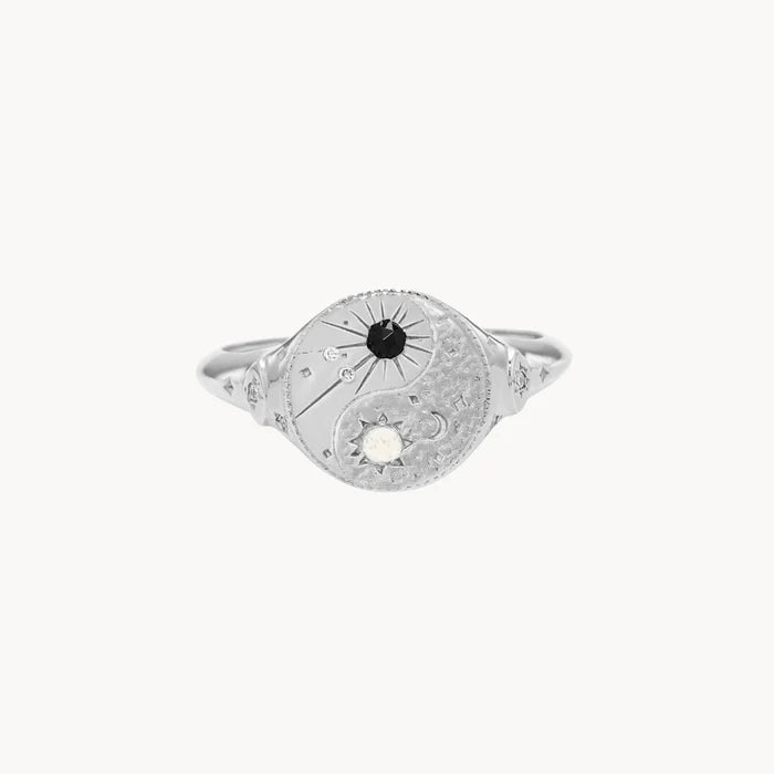 orbital harmony yin yang signet ring - sterling silver, black spinel and moonstone