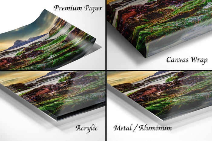 The image is a collage of four different views of a landscape photograph, each with a different material or finish applied to it. The text labels the different materials as "Premium Paper", "Canvas Wrap", "Acrylic", and "Metal/Aluminum".