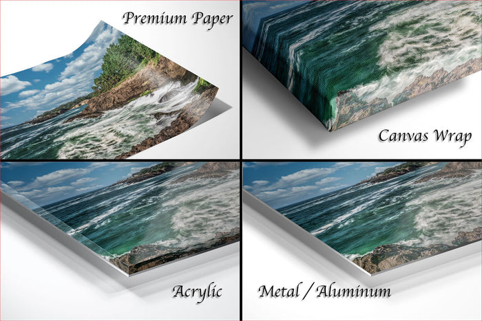 The image is a collage of four different images depicting various aspects of the ocean, including waves, cliffs, and the sky.