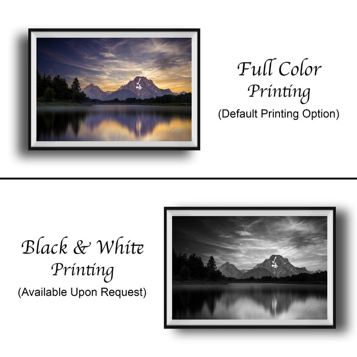 The image is a collage of two framed landscape photographs. The top photograph is a black and white image of a mountain range, while the bottom photograph is a full color image of the same mountain range. The text below the images indicates that the full color printing is the default option, and the black and white version is available upon request.