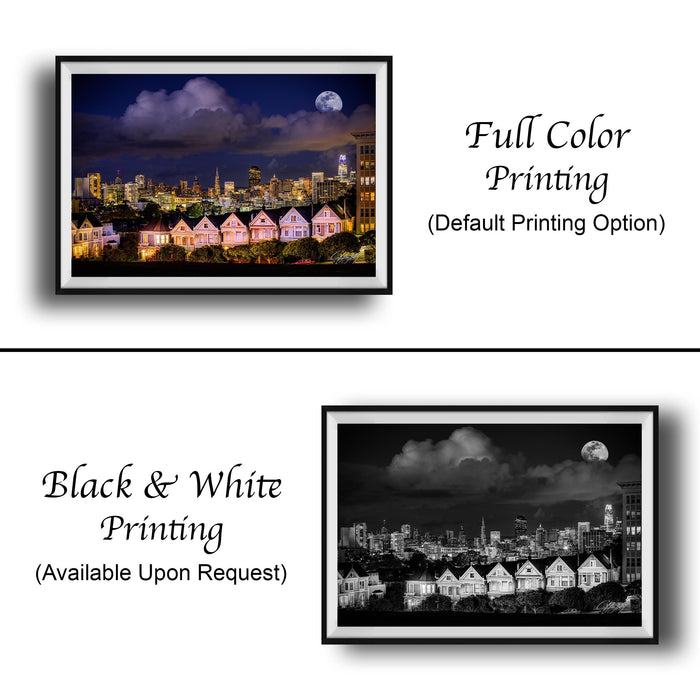 The image is a collage of two framed pictures. The top picture is a full-color print of a city skyline at night, while the bottom picture is a black and white print of the same city skyline. Both pictures feature the same cityscape, but with different color tones. The text below the images indicates that the full-color print is available upon request.