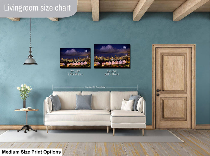 a living room with blue walls and a white couch