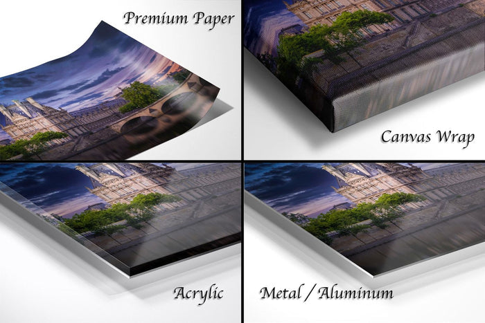 The image is a collage of four different views of a cityscape, including a premium paper print, a canvas wrap, an acrylic print, and a metal/aluminum print.