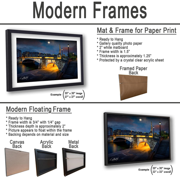 The image is a collage of two framed pictures, one of a cityscape at night and the other of a bridge. The collage features a variety of frame options, including a mat and frame for paper print, a modern floating frame, and a framed paper back. The image also includes a description of the frames, such as their size, material, and the type of paper they are printed on.