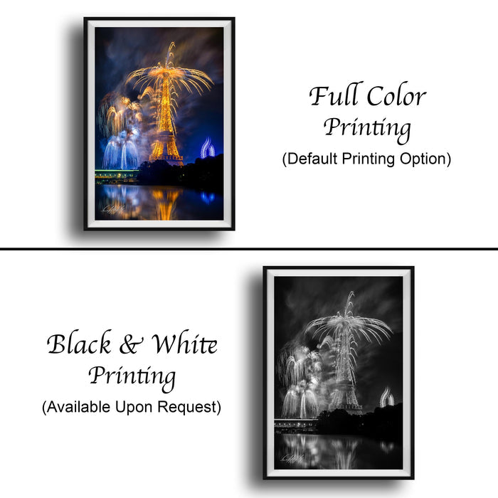 The image is a collage of two framed photographs. The top photograph is a full color print of a fireworks display, while the bottom photograph is a black and white print of the same fireworks display. Both prints are framed and available upon request.