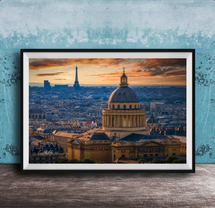 a cityscape with a large domed building in the foreground, surrounded by other buildings and a skyline in the background, with the Eiffel Tower visible in the distance.