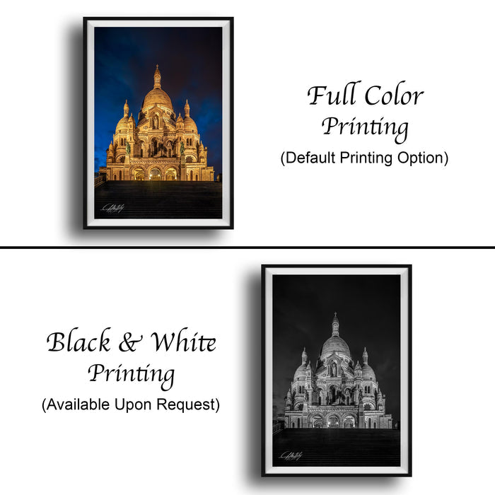The image is a collage of two framed pictures. The top picture is a full color print of a large cathedral with multiple domes, while the bottom picture is a black and white print of the same cathedral. The text below the images indicates that the full color printing is available upon request.