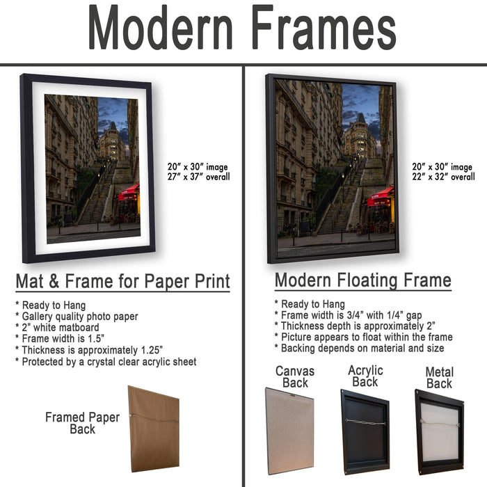 The image is a comparison of modern framed prints and modern floating frames for displaying photographs. It features two photographs of a city street with buildings and a red awning, each framed in different styles and materials.