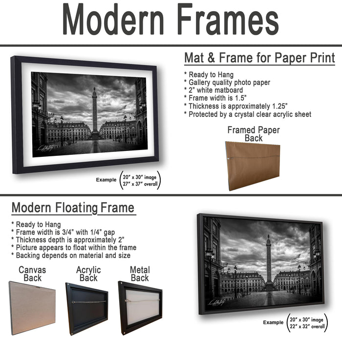 The image is a collage of two framed artworks, one of which is a mat and frame for a paper print, and the other is a modern floating frame.