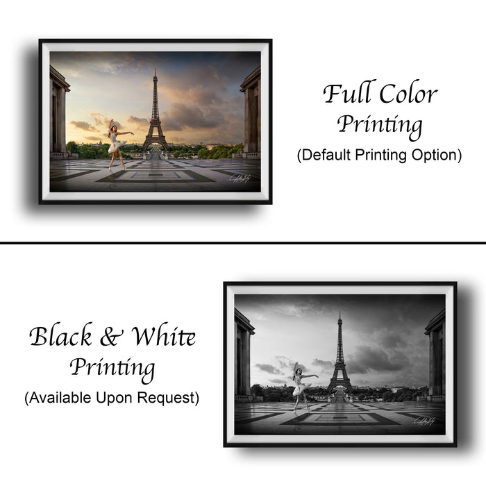The image is a collage of two framed photographs. The top photograph is a full color print of a woman dancing in front of the Eiffel Tower, while the bottom photograph is a black and white print of the same woman dancing in front of the Eiffel Tower. Both photographs are framed and ready for display.