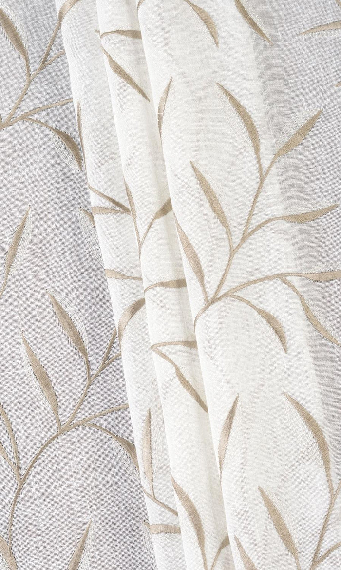 Sheer Floral Embroidered Window Treatments Fabric By the Metre (White/ Brown)