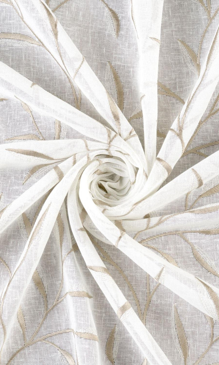 Sheer Floral Embroidered Home Textile Fabric Material By the Metre (White/ Brown)