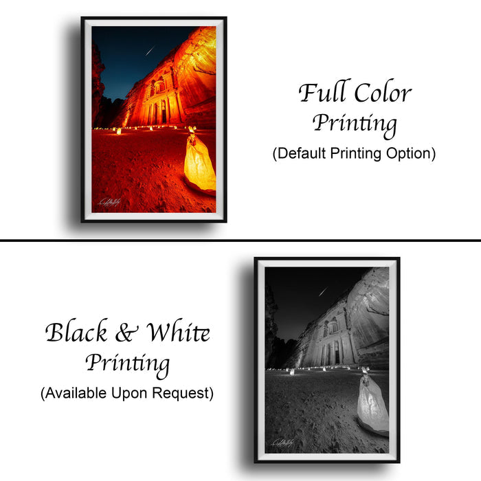The image is a collage of two framed photographs. The top photograph is a full-color print of a building at night, with the building illuminated by lights. The bottom photograph is a black and white print of the same building at night, without any illumination. Both photographs are framed and available upon request.