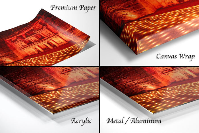 The image is a collage of four different images, each with a distinct texture and finish, including "Premium Paper", "Canvas Wrap", "Acrylic", and "Metal/Aluminum".