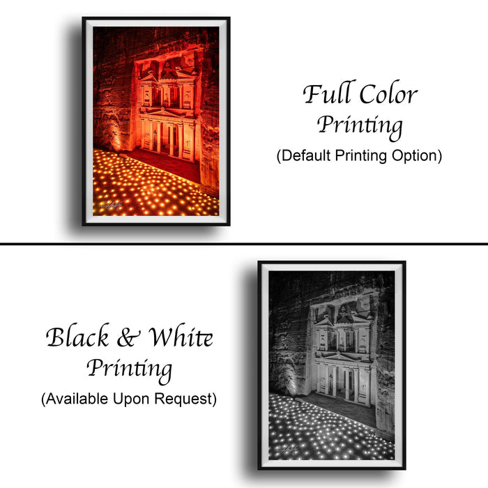 The image is a collage of two framed pictures. The top picture is a full color print of a building with a red and white color scheme, while the bottom picture is a black and white print of the same building. Both pictures are framed and available upon request.