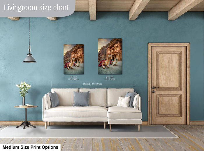 a living room with a white sofa, a wooden door, and a painting of a building on the wall. The living room appears to be modern and well-decorated.