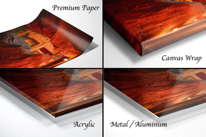 The image is a collage of four different views of a printed artwork, including a close-up of the artwork, a canvas wrap, an acrylic print, and a metal/aluminum print.