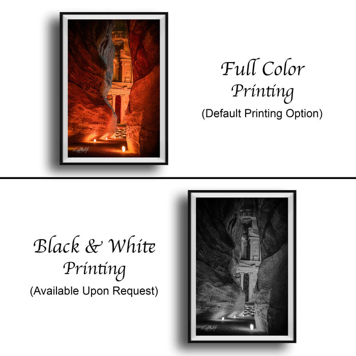 The image is a collage of two framed photographs. The top photograph is a black and white image of a cave, while the bottom photograph is a full color image of the same cave. The bottom photograph is labeled as "Full Color Printing" and "Black & White Printing", indicating that it is available upon request. The top photograph is labeled as "Default Printing Option".