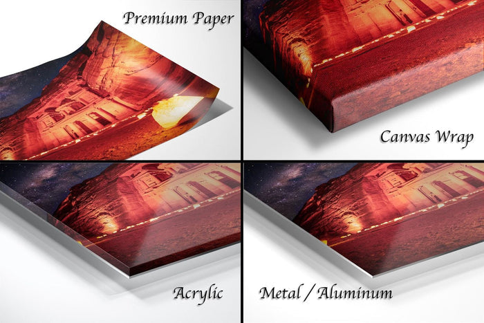 The image is a collage of four different views of a building at night, each with a distinct description. The first image is labeled "Premium Paper", the second is labeled "Canvas Wrap", the third is labeled "Acrylic", and the fourth is labeled "Metal/Aluminum".