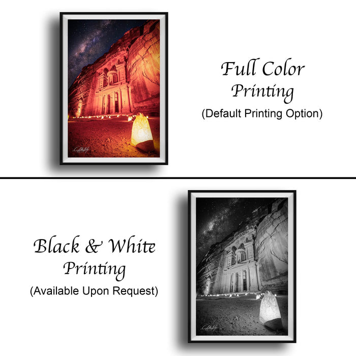 The image is a collage of two framed pictures. The top picture is a full-color print of a building at night, while the bottom picture is a black and white print of the same building. Both pictures are framed and available upon request.