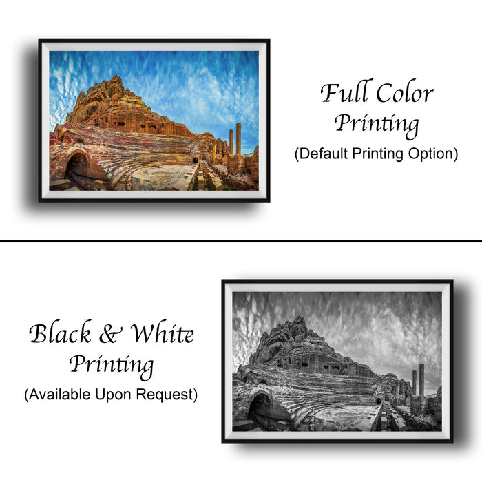 The image is a collage of two framed pictures. The top picture is a full color print of a mountainous landscape, while the bottom picture is a black and white print of the same mountainous landscape. The text below the images indicates that the full color printing is available upon request, and the black and white print is not.