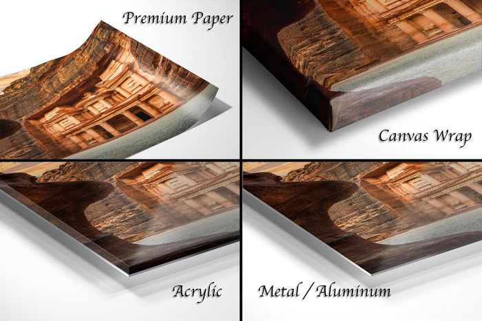 The image is a collage of four different views of a building, likely a castle or historical structure, presented in various materials such as paper, canvas wrap, acrylic, and metal/aluminum.