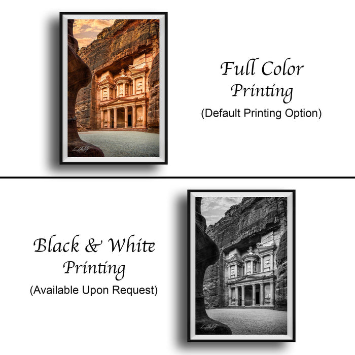 The image is a collage of two framed pictures. The top picture is a full color print of a building, while the bottom picture is a black and white print of the same building. Both pictures are framed and available upon request.