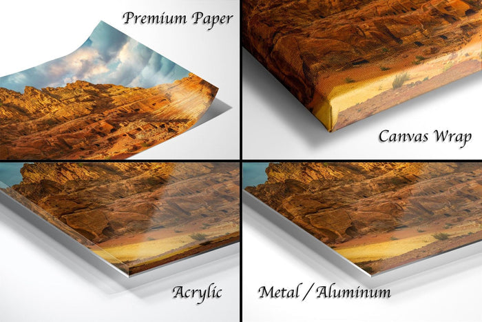 The image is a collage of four different types of materials used to display a desert landscape: premium paper, canvas wrap, acrylic, and metal/aluminum.