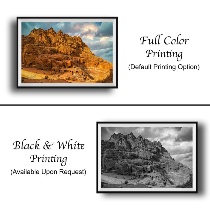 The image is a collage of two framed pictures. The top picture is a full-color print of a desert landscape, while the bottom picture is a black and white print of the same desert landscape.