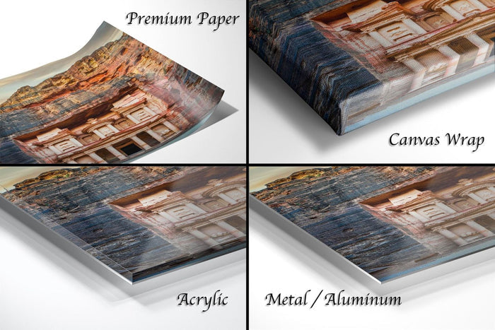 The image is a collage of four different views of a stone carving, likely of a temple or monument, with the text "Premium Paper", "Canvas Wrap", "Acrylic", and "Metal/Aluminum" indicating the materials used for the prints.