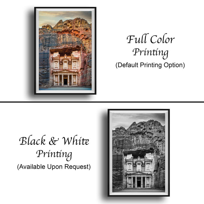 The image is a collage of two framed pictures. The top picture is a full color print of a building, while the bottom picture is a black and white print of the same building. Both pictures are framed and available upon request.