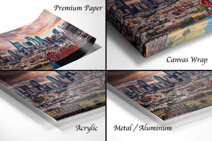 The image is a collage of four different views of a cityscape, including a premium paper print, a canvas wrap, an acrylic print, and a metal/aluminum print.
