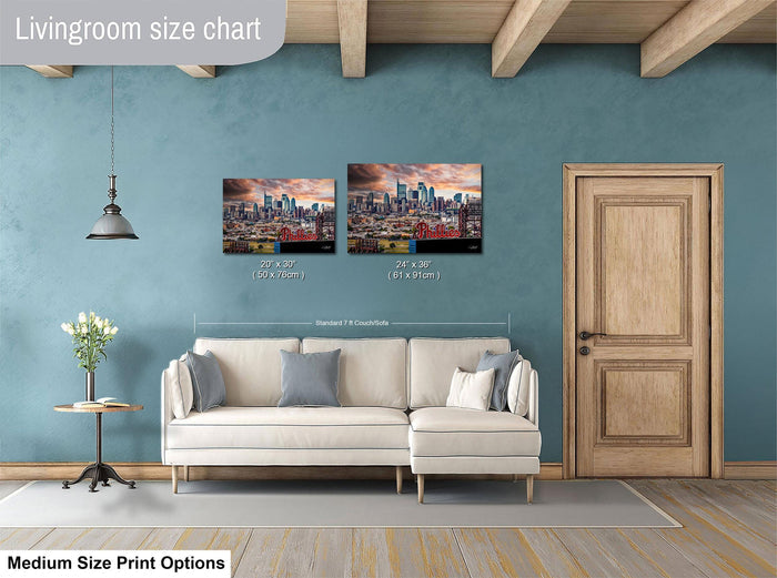 a living room with a white sofa, a wooden door, and a painting of a city skyline on the wall. The painting is of medium size, and the living room appears to be designed for a comfortable and stylish living space.