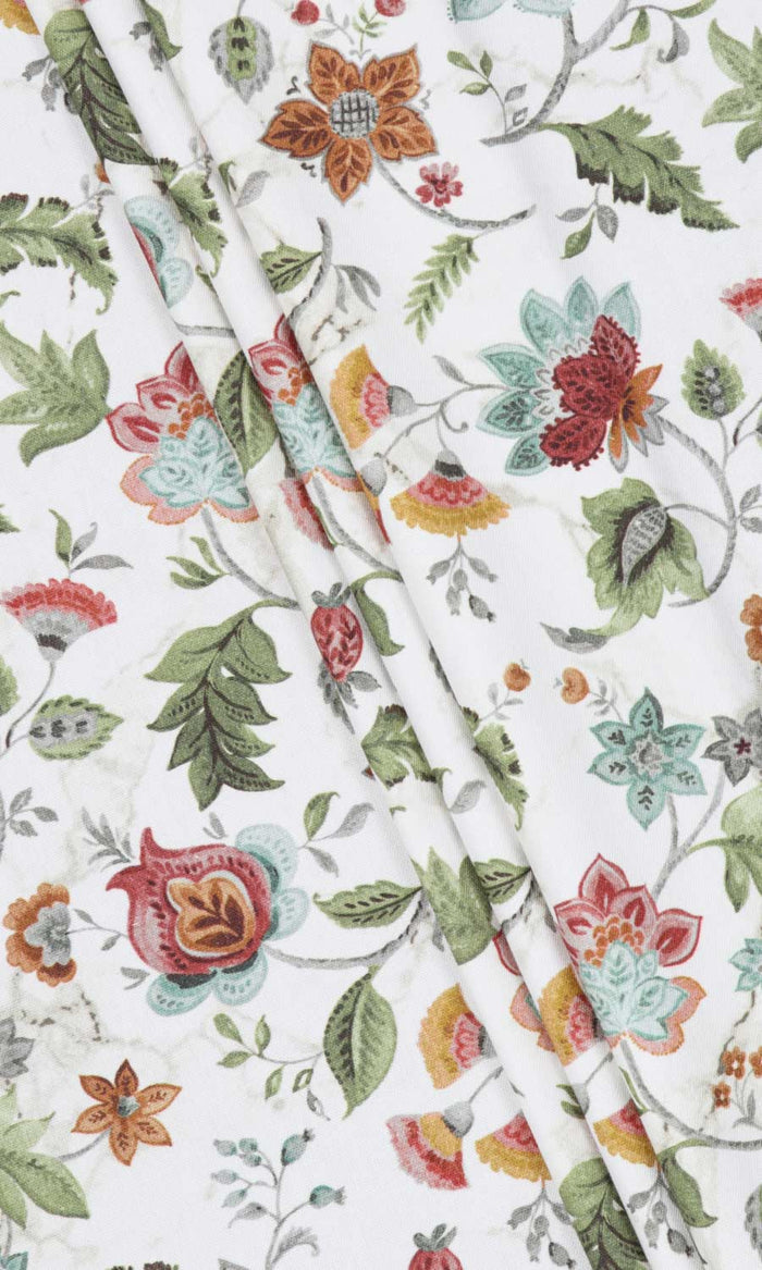 Floral Cotton Fabric By the Metre for Curtains & Drapes (White/ Green/ Red)