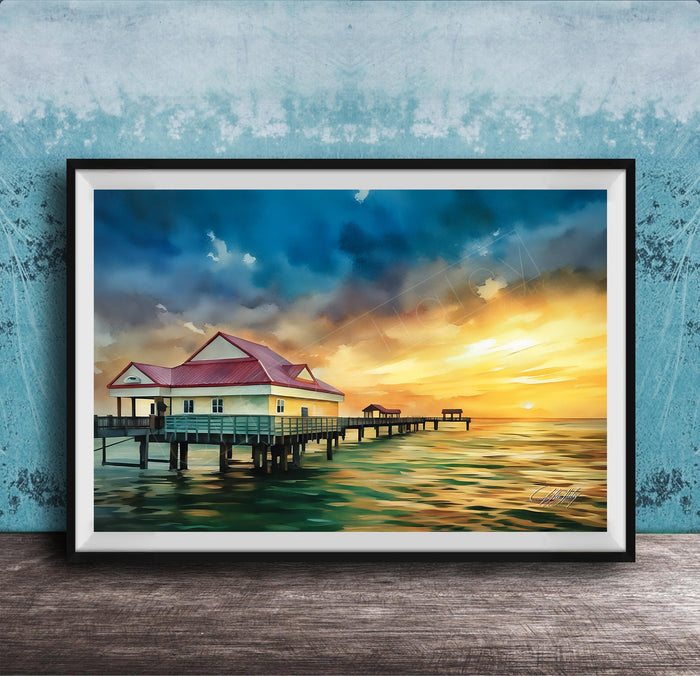 A framed painting depicting a serene scene of a wooden pier extending into a calm body of water, with a building and a sunset in the background.