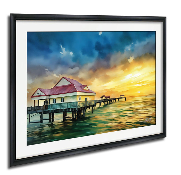 A framed painting depicting a serene waterfront scene with a pier extending into the water, surrounded by a colorful sky at sunset.