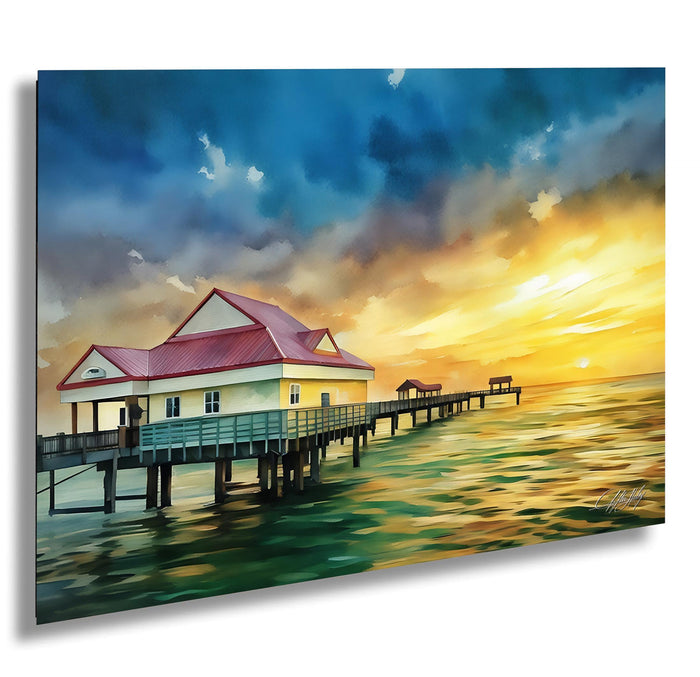 Clearwater Beach aerial photo, Florida pier wall art, sunset over Gulf of Mexico, Tampa Bay drone print, coastal home decor photography, aerial view Clearwater Pier, Florida sunset wall hanging, Gulf Coast pier artwork, Clearwater sunset photograph, drone photo of Pier 60 at dusk, ocean landscape fine art print, Florida seascape wall decor