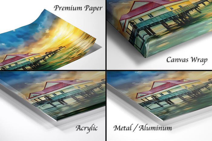 The image is a collage of four different views of a painting of a house on stilts, with the title "Premium Paper", "Canvas Wrap", "Acrylic", and "Metal/Aluminum" indicating the materials used to print the artwork.