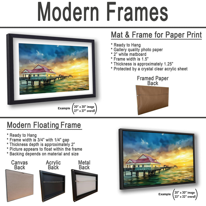 The image is a collage of two framed artworks, one of which is a mat and frame for a paper print, and the other is a modern floating frame.