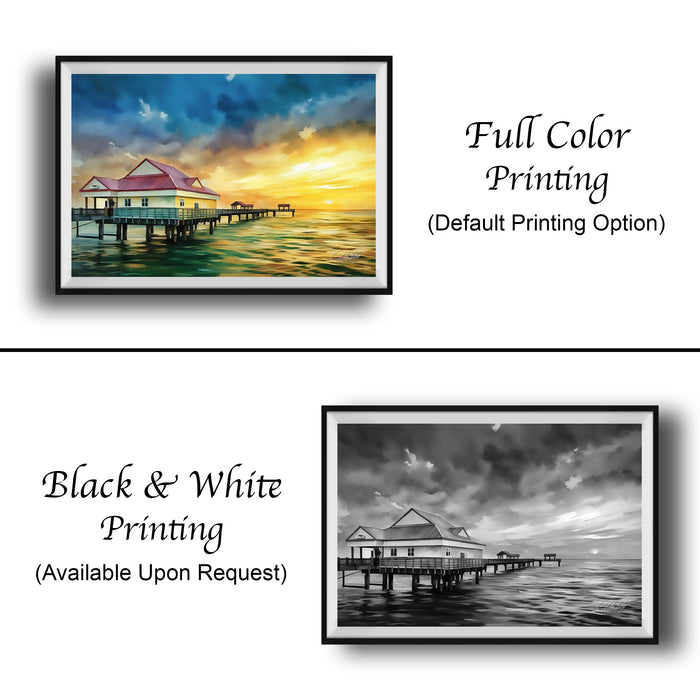 The image is a collage of two framed pictures. The top picture is a full-color painting of a house on a pier, while the bottom picture is a black and white photograph of a house on a pier. Both pictures are framed and displayed side by side, with the top picture labeled as "Full Color Printing" and the bottom picture labeled as "Black & White Printing" and "Available Upon Request".