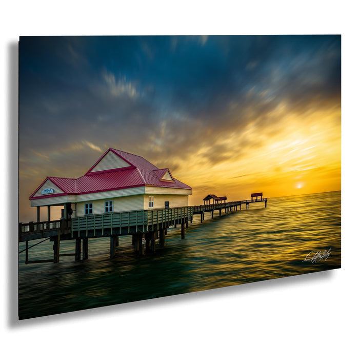 Clearwater Beach aerial photo, Florida pier wall art, sunset over Gulf of Mexico, Tampa Bay drone print, coastal home decor photography, aerial view Clearwater Pier, Florida sunset wall hanging, Gulf Coast pier artwork, Clearwater sunset photograph, drone photo of Pier 60 at dusk, ocean landscape fine art print, Florida seascape wall decor
