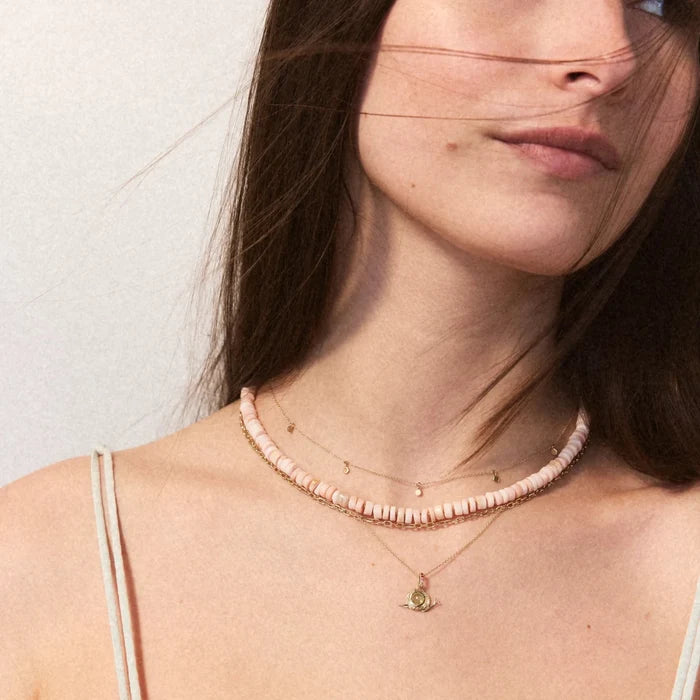 Pink Bloom Opal Beaded Necklace Silver in sterling silver with pink opal, shown worn on hand