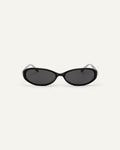 Face shot of Bonnie Clyde Pixie sunglasses in black with black lenses.