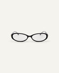 Face shot of Bonnie Clyde Pixie optical frames in black with clear lenses.