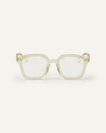 Face shot of Bonnie Clyde Playfight optical frames in transparent yellow with clear lenses.