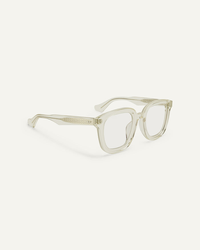 Side shot of Bonnie Clyde Playfight optical frames in transparent yellow with clear lenses.