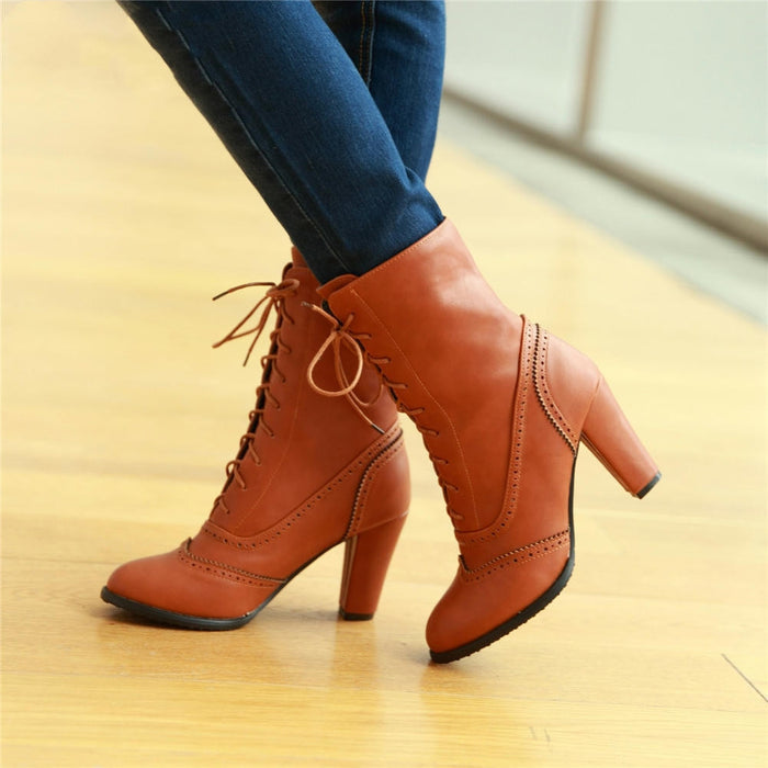 Plus Size Lace-Up High Heel Short Boots