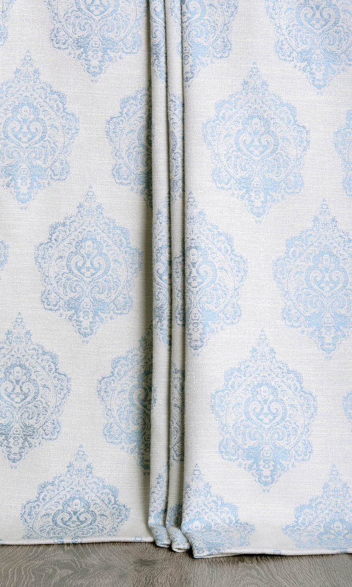 Damask Poly-Cotton Drapes (White/ Blue)