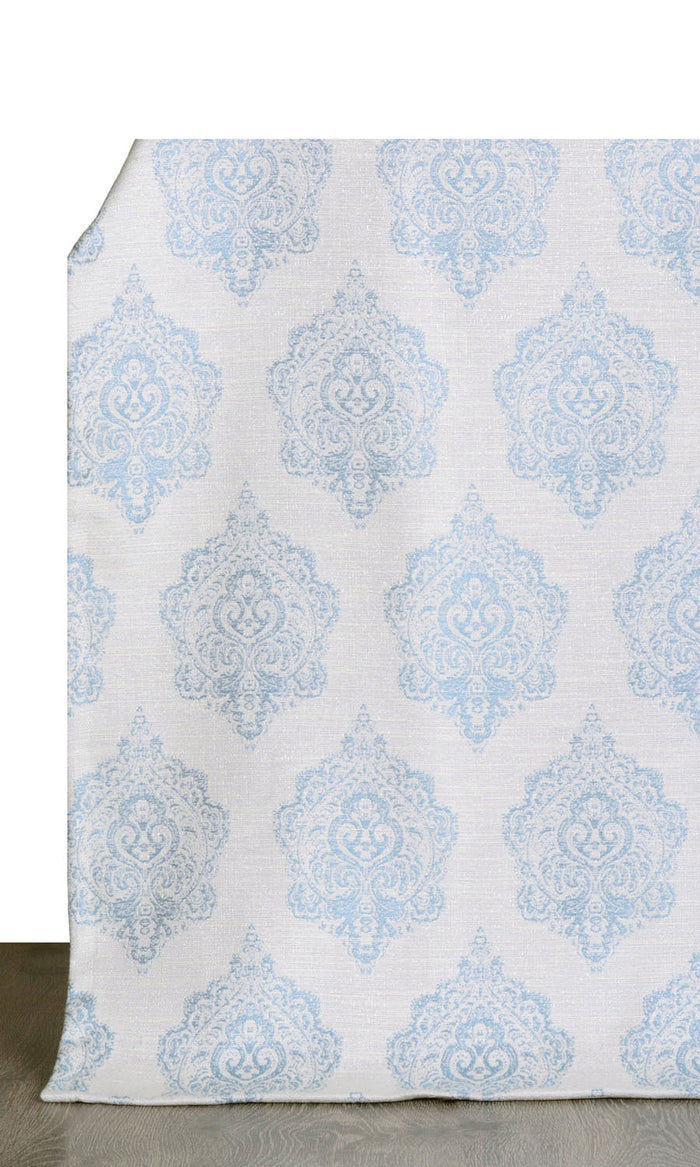 Damask Poly-Cotton Drapes for Living, Bedroom, Kitchen, Bathroom (White/ Blue)